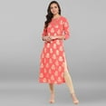 thumbnail image 3 of Janasya Indian Keyhole Neck 3/4 Sleeve Foil Print Peach Poly Crepe Kurta For Women, 3 of 8