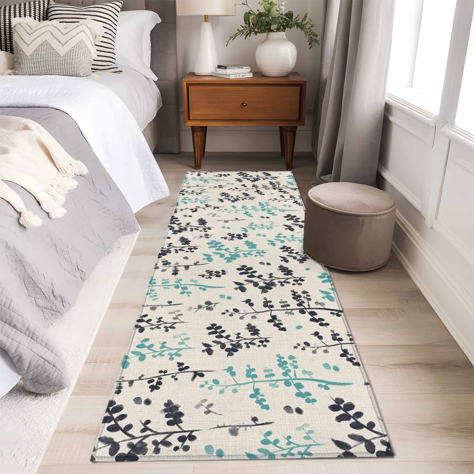 Aqua Grey Botanical 2'x6' Runner Rugs for Hallway Kitchen Bedside Non Slip, Rustic Country Spring Floral Summer Leafv Entryway Rug Runners with Rubber Backing, Long Carpet Runner for Laundry Room