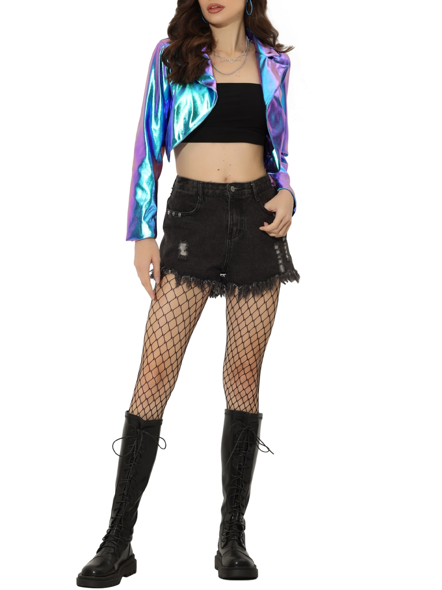 INSPIRE CHIC Women's Fashion Lapel Long Sleeve Metallic Holographic Shiny Jacket XS Blue Purple