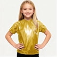 thumbnail image 2 of CPNG Girls Sparkly T Shirt Teen Girls Shiny Solid Color Crew Neck Short Sleeve Elastic T Shirts Performance Wear(Gold,5-6 Years), 2 of 4