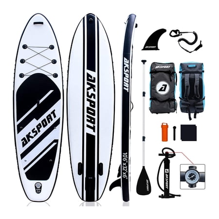 AKSPORT 10'6" Inflatable All Around Stand Up Paddle Board Kit, Black/White
