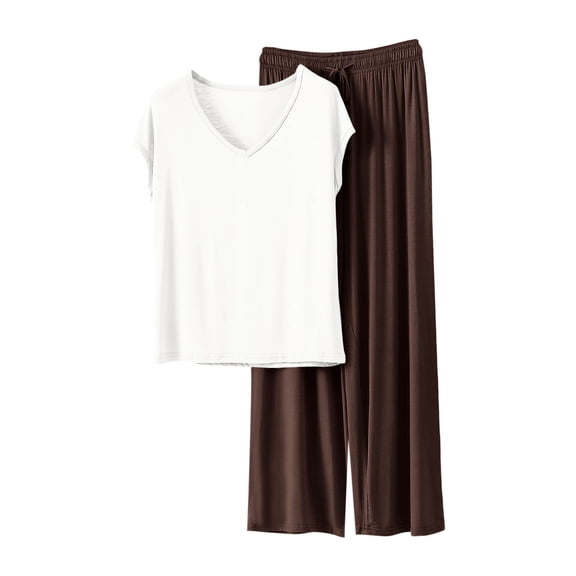 QQAMB Pjs For Women Casual Tracksuit Short Sleeve Tops And Wide Leg Long Pants Matching Lounge Sets 2 Piece Outfits Brown XL