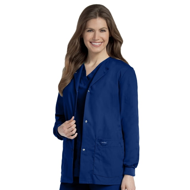 Landau Veste de Blouse Médicale pour Femmes à 4 Poches : Coupe Classique Décontractée, Col Rond, Boutons Pression devant et Poignets en Tricot 7525