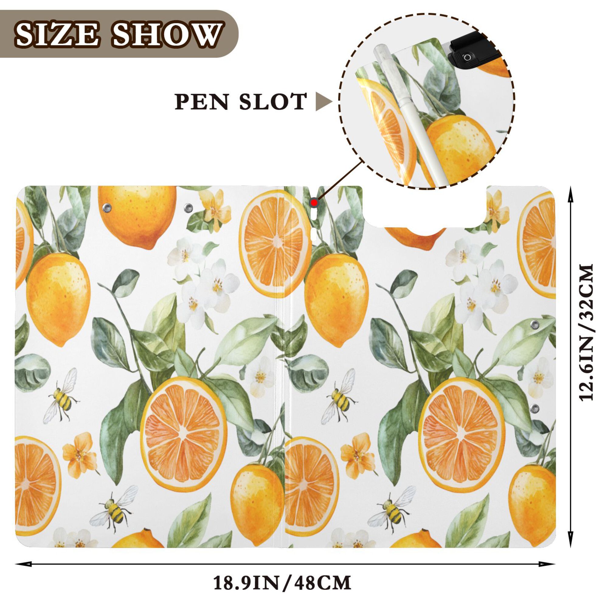 FORMRS A4 Clipboard Folder with Pen Holder Horizontal Foldable School Office Binder, Orange Watercolor Bees