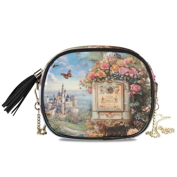 Womens Casual Chain Shoulder Bag Simple style Retro Castle Pinting Crossbody Bag