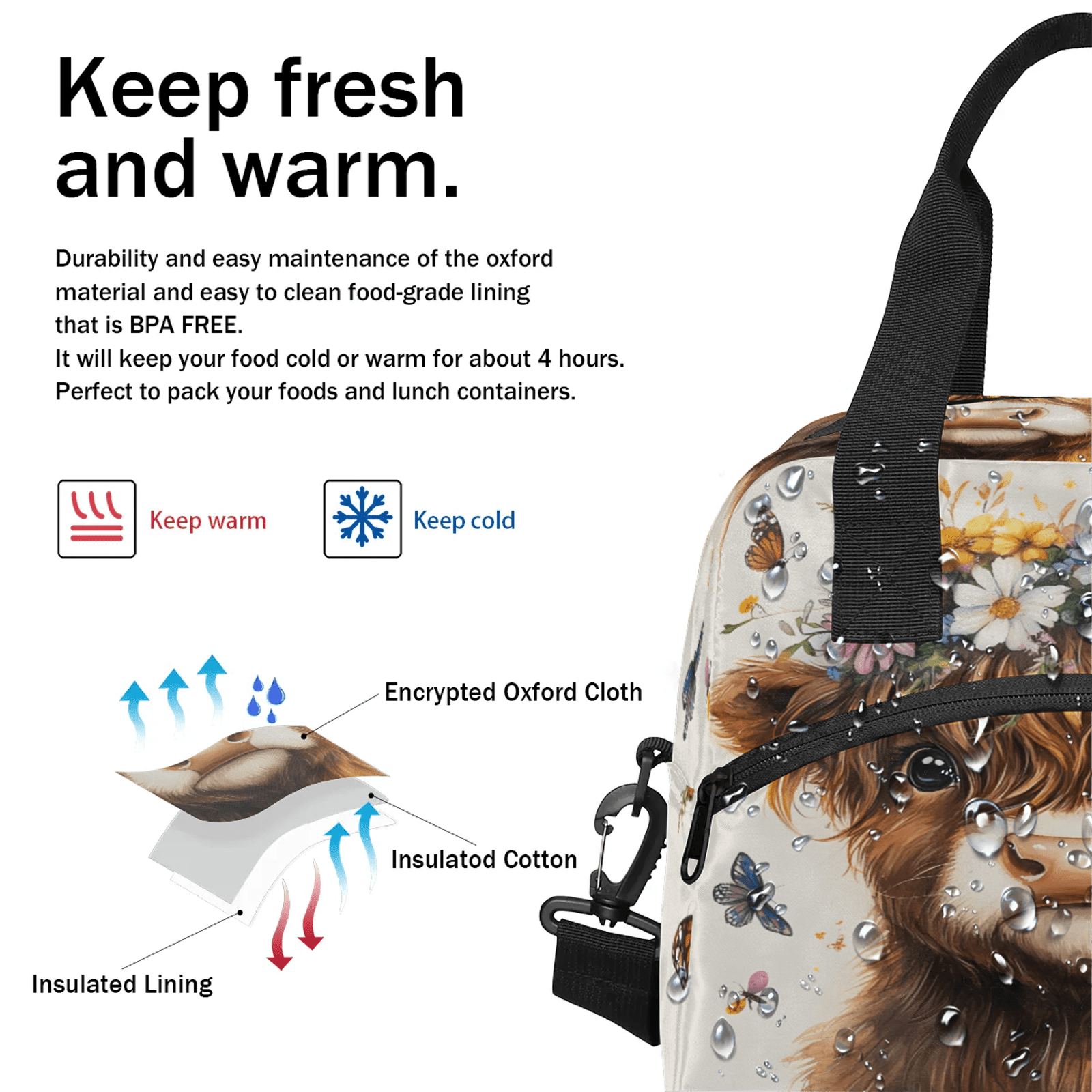 Herdesigns Highland Cow Lunch Bag for Women Men Adult, Funny Large Insulated Reusable Lunch Box Leakproof Portable Cooler Tote Bags for Work Picnic Beach
