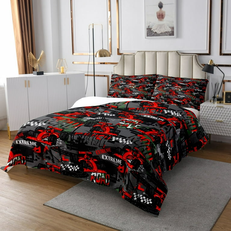 YST Extreme Sport Coverlet Twin Size Race Car Bedding Set for Teen Boys Red Sports Car Bedspread Set Cool Racing Car Quilt Set Hippie Hip Hop Graffiti Bed Set Red Grey Bedroom