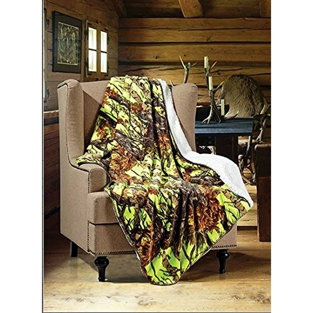 Regal Comfort Sherpa Luxury Throw Blanket, The Woods Camo, Lime