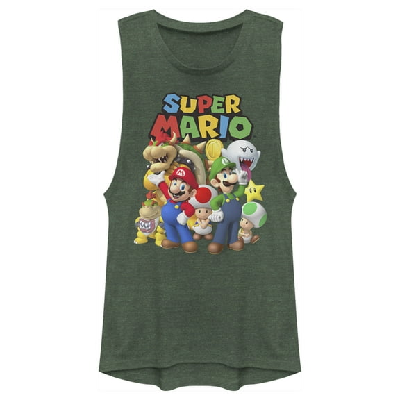 Junior's Nintendo Super Mario Group Festival Muscle Graphic Tee Pine Green Heather X Large