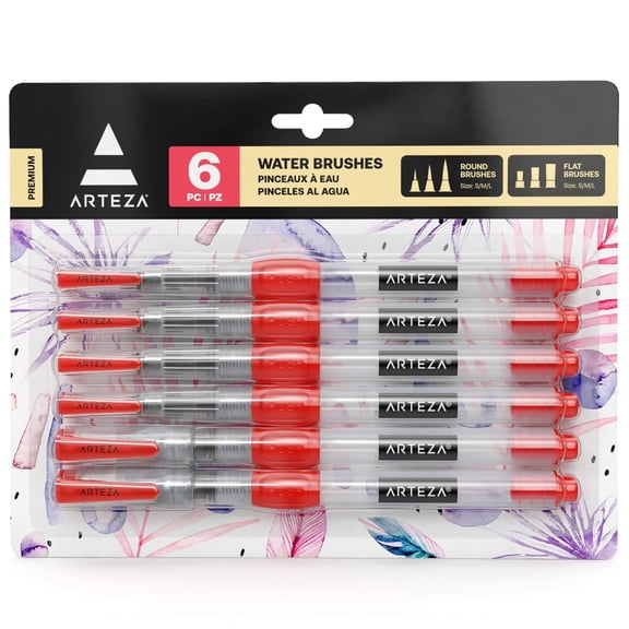 Arteza Water Brush Pens, Assorted Shapes, 6 Count, Nylon