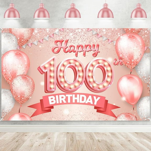 Happy 100TH Birthday Rose Gold Banner Cheers to 100 Years Old Backdrop Confetti Balloons Theme Decor Decorations for Women 100 Years Old Pink Birthday Party Supplies