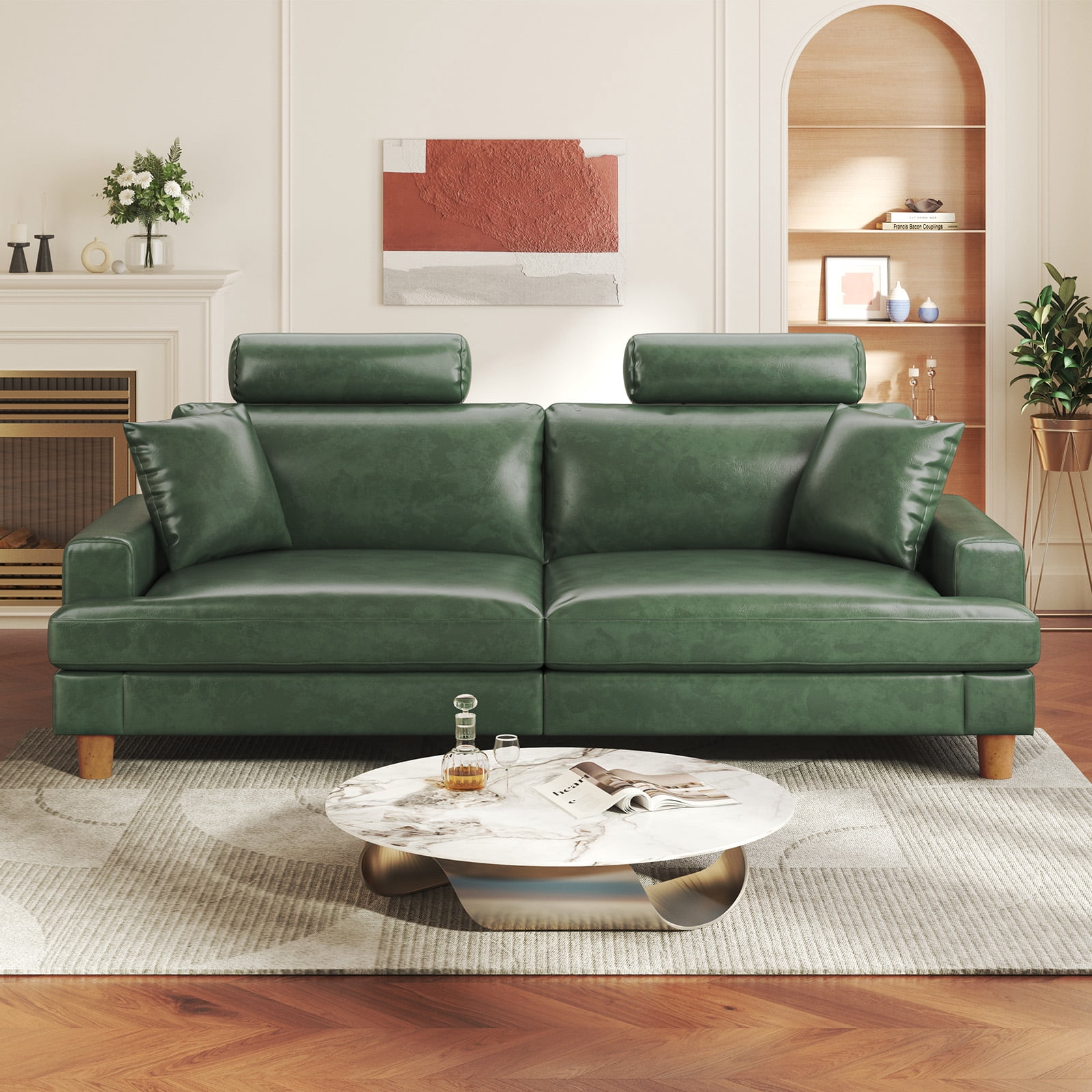 87" Couch Premium PU Leather Sofa with Headrest, Comfy 27" Extra Deep Seat 3 Seater Couch for Living Room, Includes 2 Pillows, Green