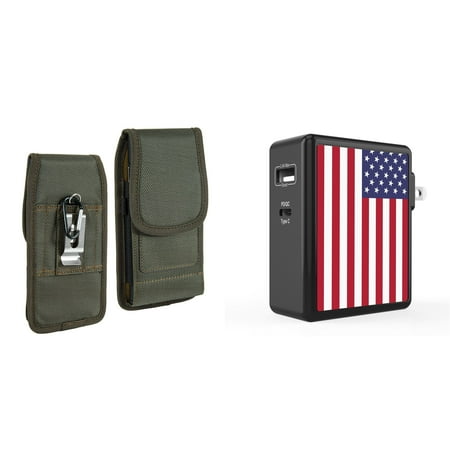 

Holster and Wall Charger Bundle for Samsung Galaxy S22+: Vertical Rugged Nylon Belt Pouch Case (Midnight Green) and 45W Dual USB Port PD Type-C and USB-A Power Adapter (American USA Flag)