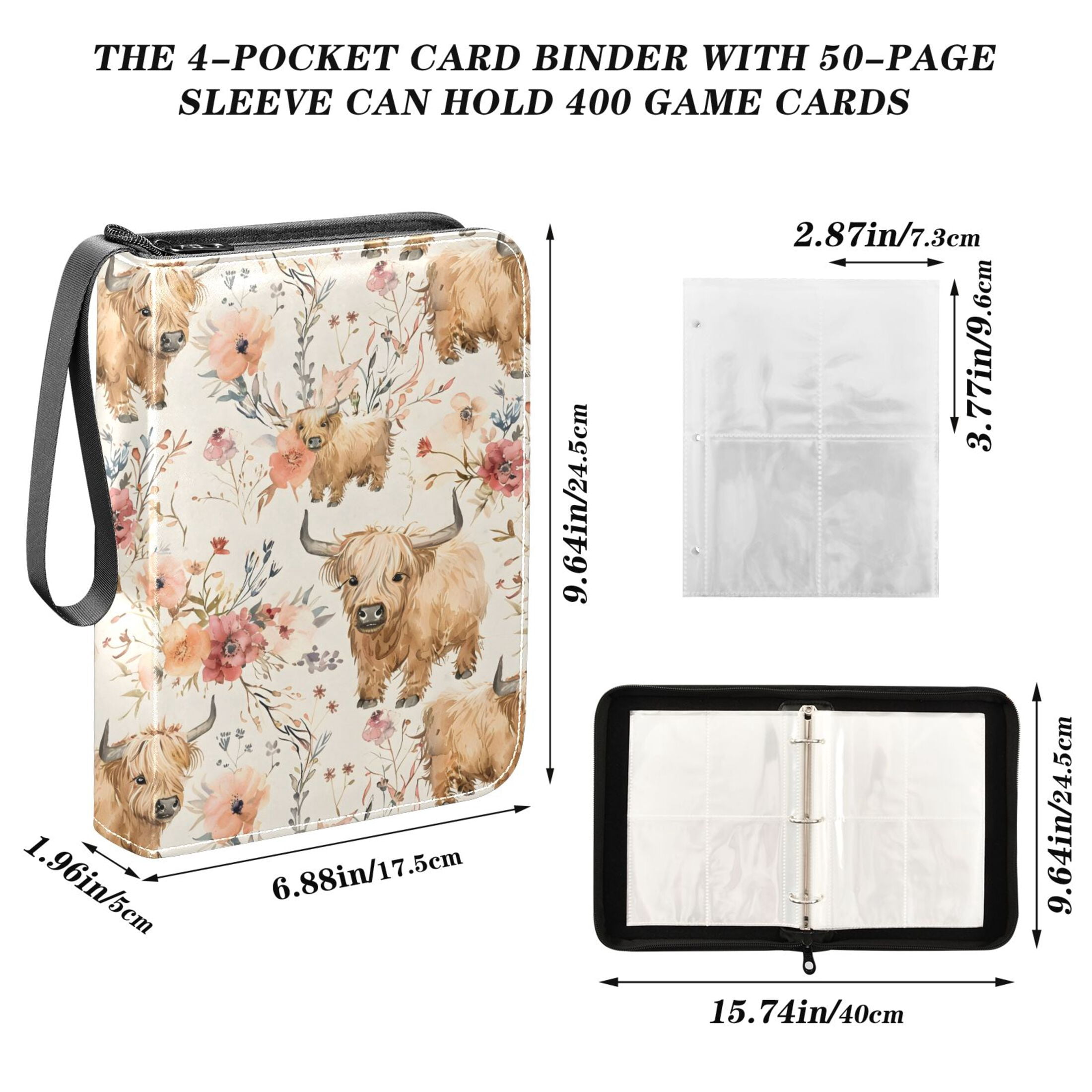 ALAZA Highland Cattle Floral Trading Card Binder 4 Pocket Cards Collection Album 400 Folder Holder