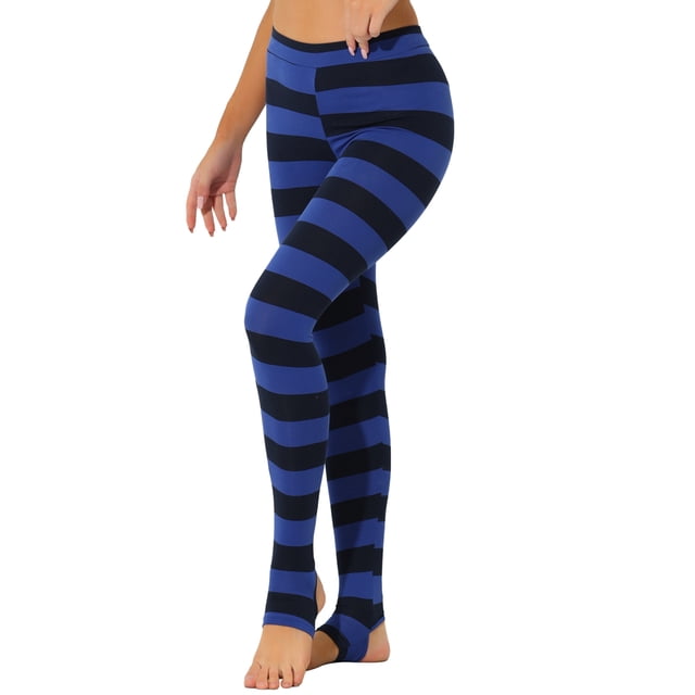 Allegra K Las polainas del traje de la Navidad de las mujeres imprimieron los pantalones del estribo de la yoga de la cintura elástica de la cintura alta Raya azul marino real S