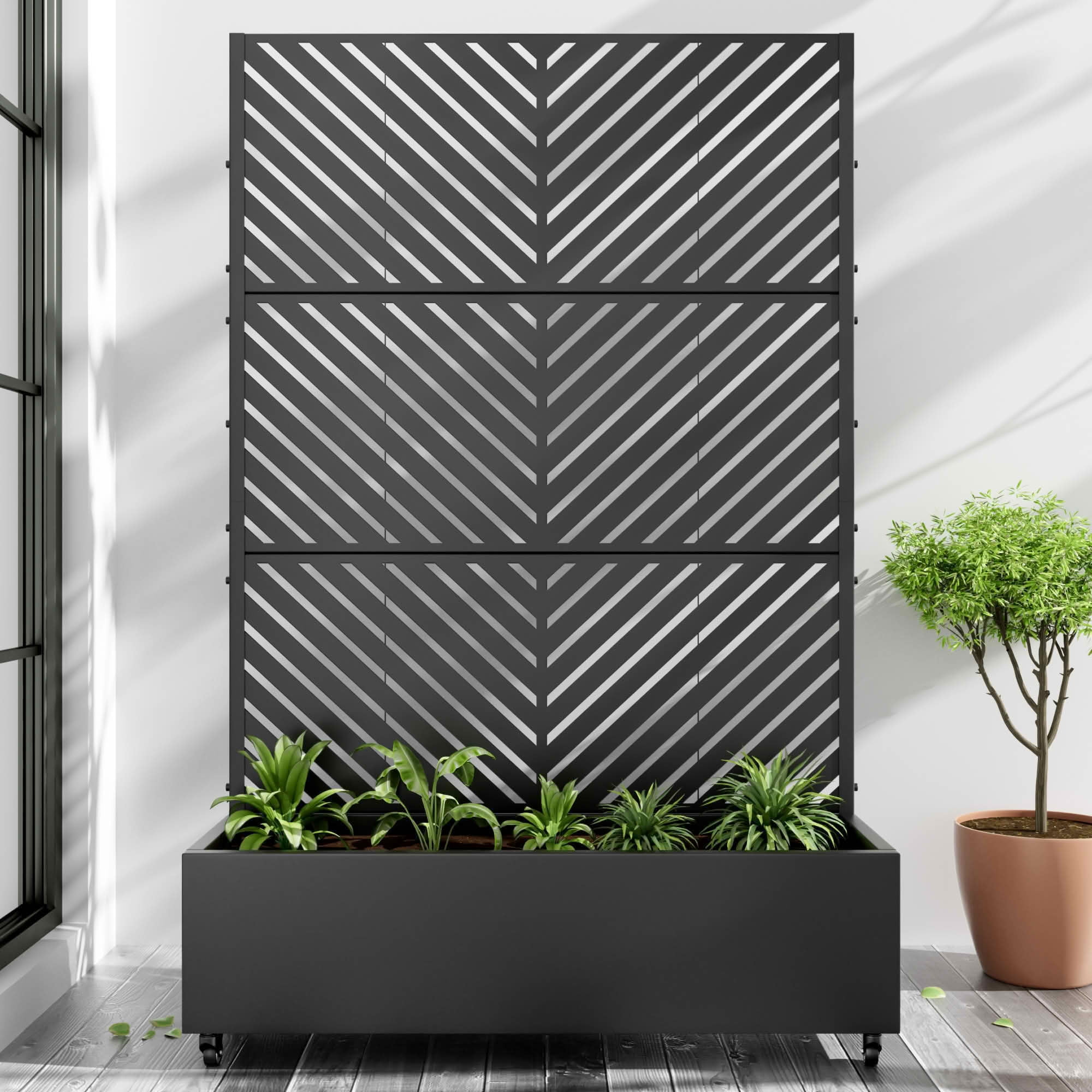 MAYEERTY 72x47x16 Inch Black Metal Rectangular Planter Box with Trellis, 3 Piece Set for Outdoor Garden & Patio