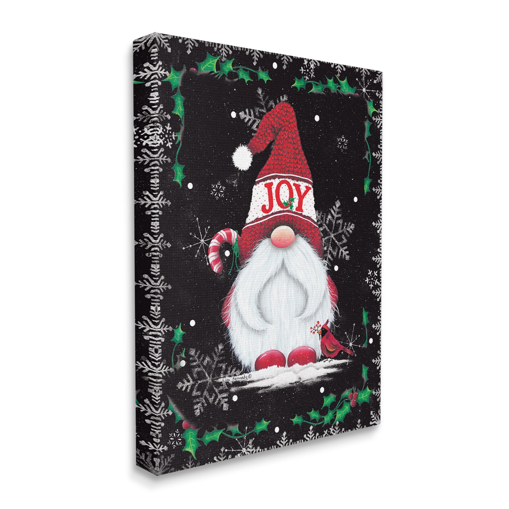 Joyful Red Gnome & Cardinal Holly Botanical Border Fairy Tales & Fantasy Graphic Art Gallery-Wrapped Canvas Print Wall Art