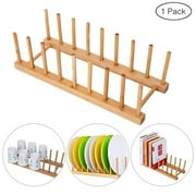 1 Pack Bamboo Wooden Dish Rack - Plate Rack Stand Pot Lid Holder, Kitchen Cabinet Organizer for Bowl, Cup, Cutting Board and More