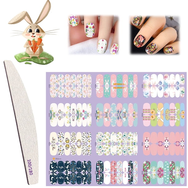 12 hojas de pegatinas de uñas de Pascua, pegatinas autoadhesivas para decoración de uñas con lima de uñas, diseño de uñas DIY, decoración de uñas