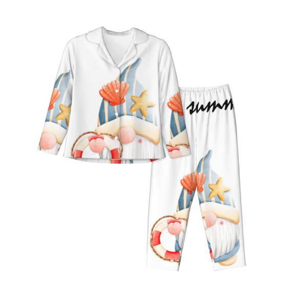 Rateoe Summer Gnome Pattern Womens Pajamas Set Long Sleeve Sleepwear Button Down Nightwear Soft Cotton Pj Lounge Sets