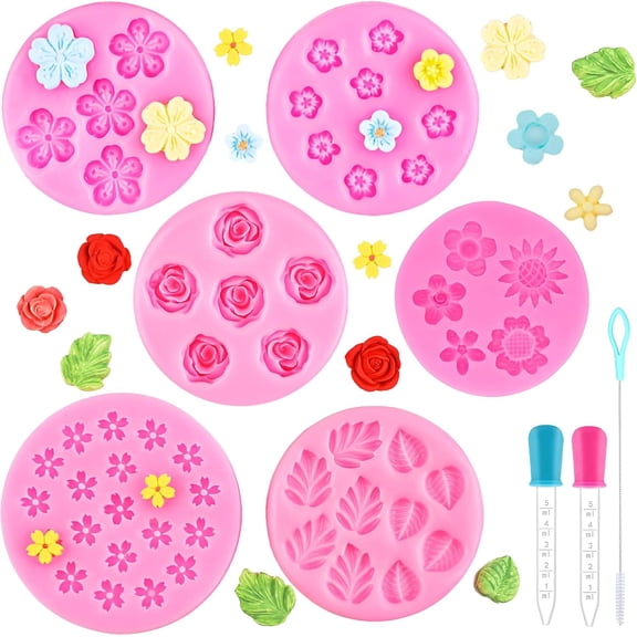 TEXIJUSO Flower Molds Silicone, 6Pcs Flower Fondant Chocolate Molds with 2Pcs Dropper and Brush, Rose Leaf Silicone Molds for DIY Cake Decoration Cupcake Topper Polymer Clay Candy Soap Making