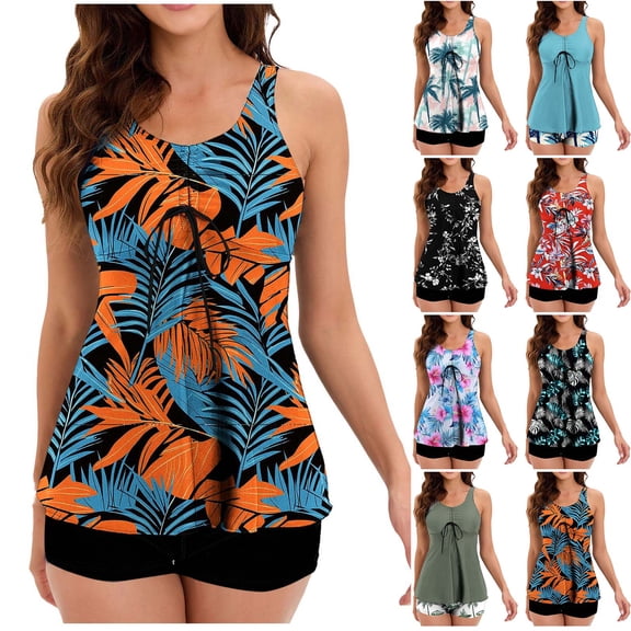Agkizg Blouson Tankini Swimsuits for Two Piece Bathing Suits Print Padded Wireless Two Piece Tankini Set Loose Fitting Drawstring Bathing Suits for Summer Beach and Pool Swimsuits (Women's)