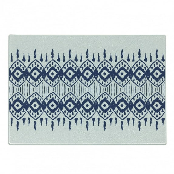 Ikat Cutting Board, Traditional Design Borders Art Geometrical Motifs and Shapes, Decorative Tempered Glass Cutting and Serving Board, Small Size, Navy Blue and White, by Ambesonne