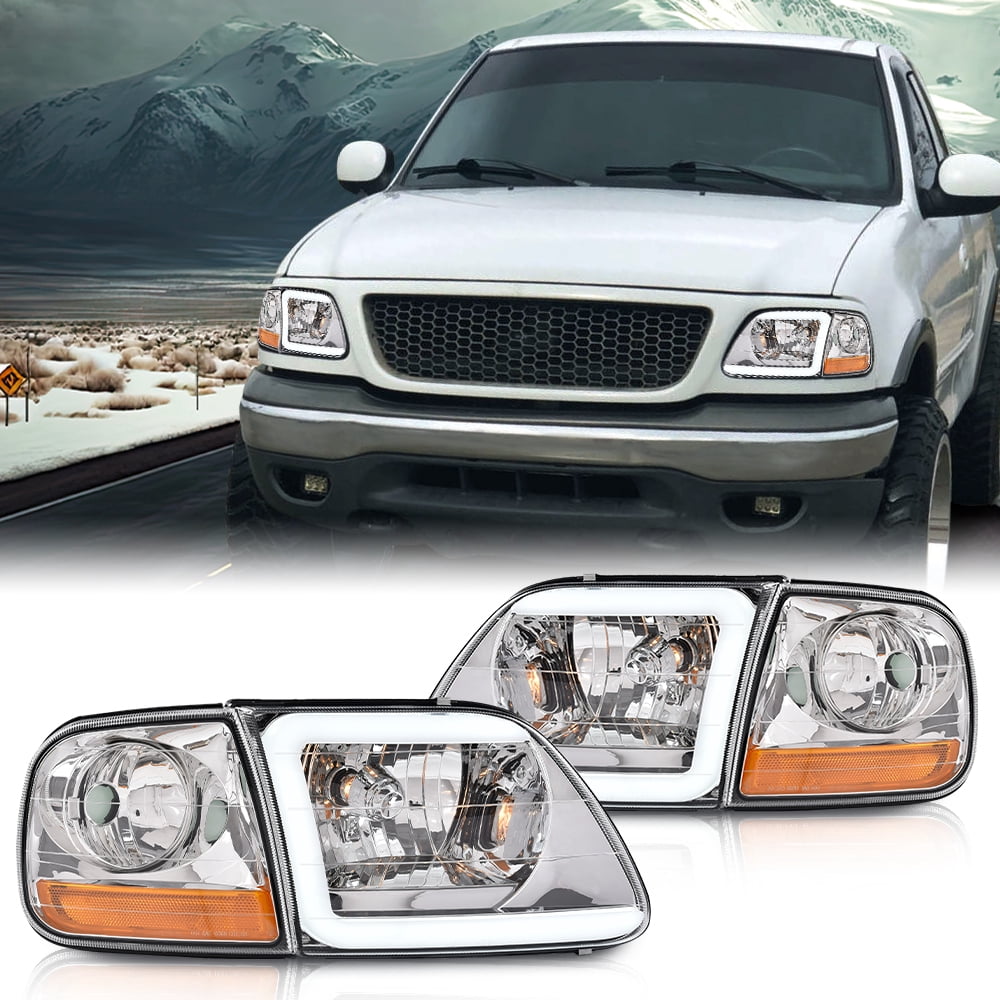 PIT66 Fit For 1997-2004 Ford F150 C STYLE LED Strip Headlights Headlamps Chrome/Amber