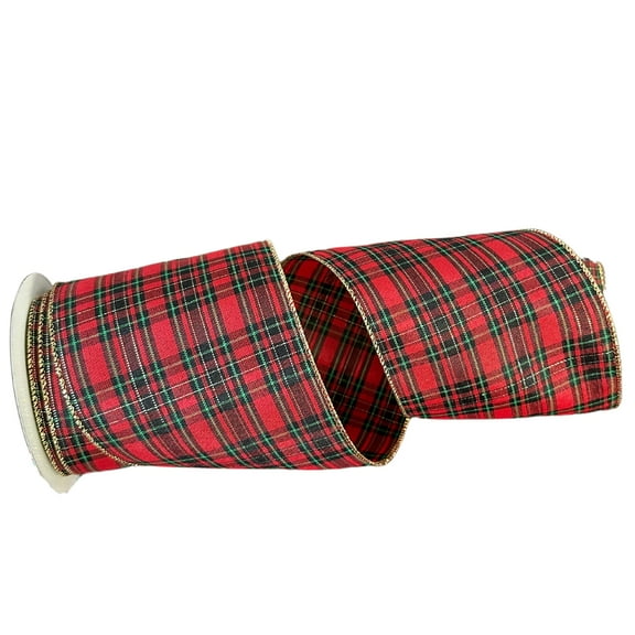 Red Green Plaid Gold Edge Christmas Wreath Ribbon - 4" x 10 Yards, Christmas Plaid, Garland, Gift Bows, Gifts, Wrapping, Wreath, Bows, Boxing Day, Valentine's Day