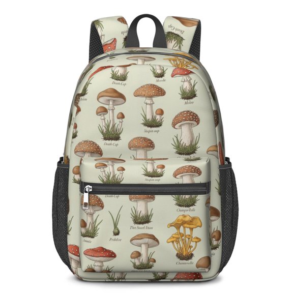 Mushroom and Species Beige Pattern 17" Waterproof Oxford School Backpacks for Teens, S-Shape Padded Straps, for School, Travel, Hiking, Camping