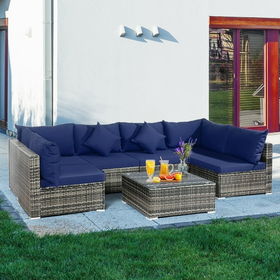 Patiojoy 7 PCS Outdoor Patio Furniture Set All-Weather PE Rattan Sofa Set w/Coffee Table & Cushions Navy