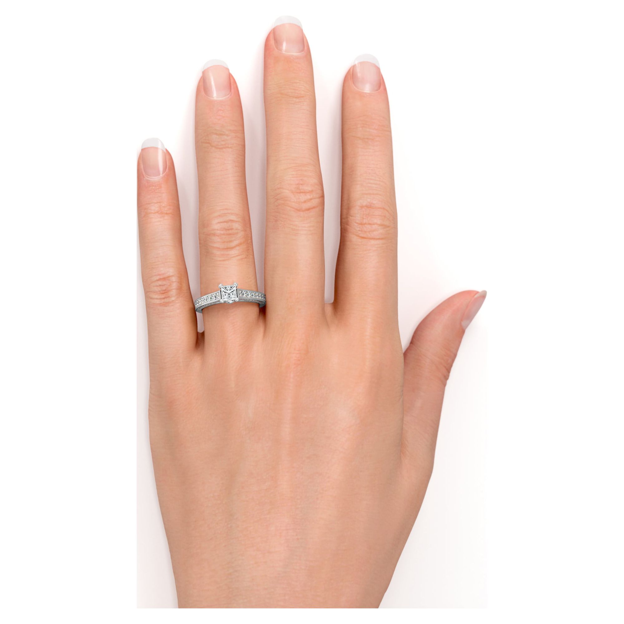 JeenMata Vintage 1 Carat Princess Cut Moissanite - Channel Set Band - Edwardian Engagement Ring in 18K White Gold over Silver