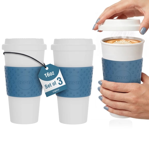 Copco Acadia 16 oz Travel Mug, Set of 3 – BPA-Free Double Wall Insulated Coffee Mugs with Leak-Resistant Lid & Rubber Grip, Reusable Drinkware for Travel, Work & Daily Use, Easy Care Design (Blue)