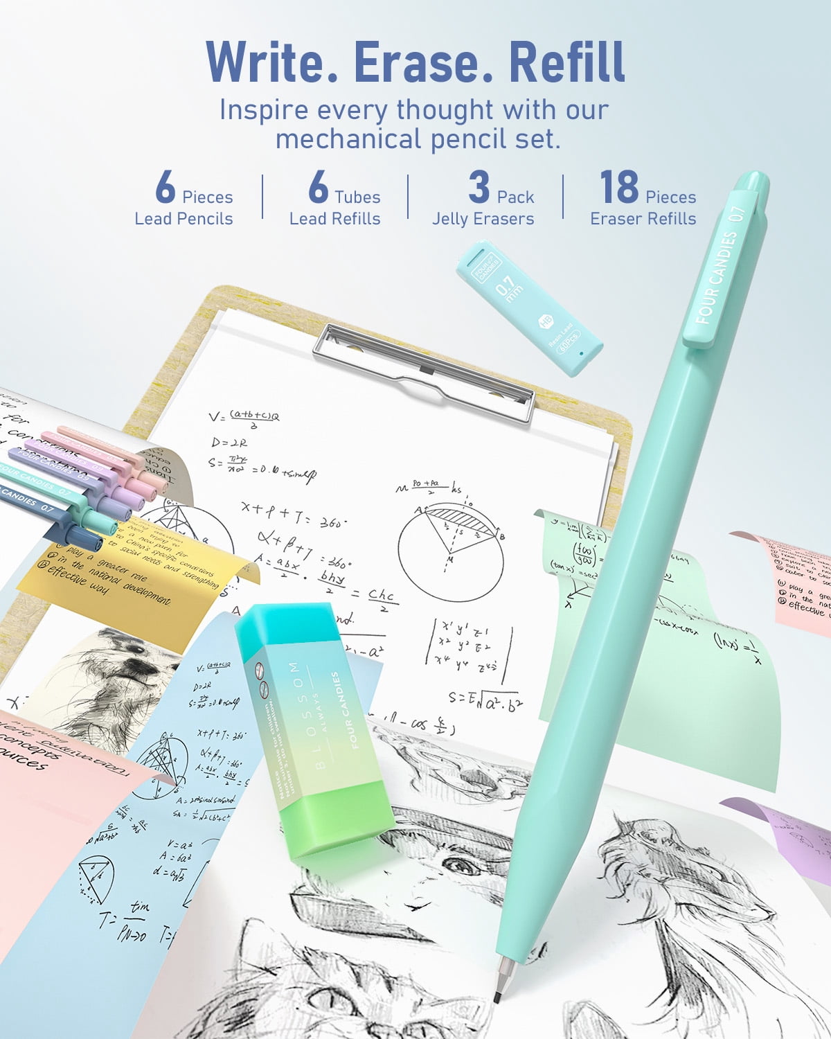 Four Candies 39 PCS Aesthetic Supplies, 12 Pastel Highlighters, 5 Black Ink Gel Pens, 6 Mechanical Pencils Set 0.5 & 0.7mm for Stationary College Essentials (Blue)