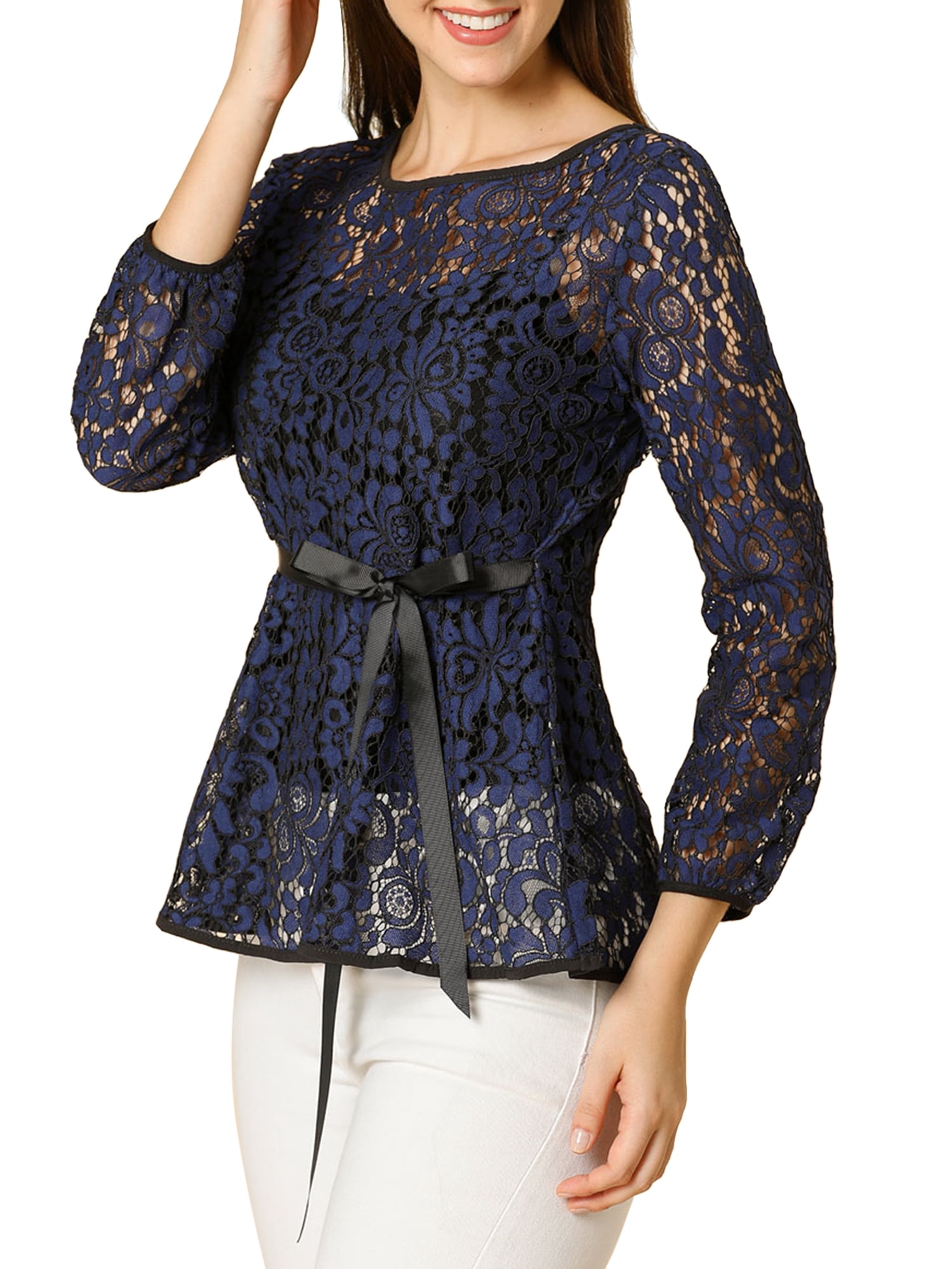DARING DIVA Self-Tie Waist Semi Sheer Peplum Top L Dark Blue