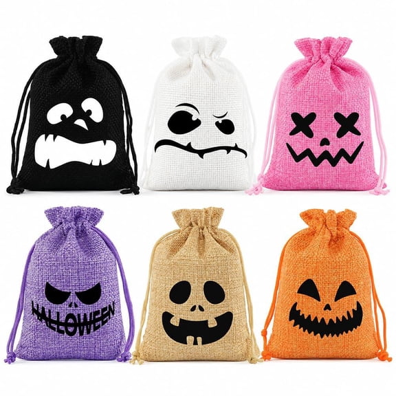 6 Pack Halloween Drawstring Treat Bags, Reusable Candy Gift Pouches for Party Favors and Trick-or-Treat