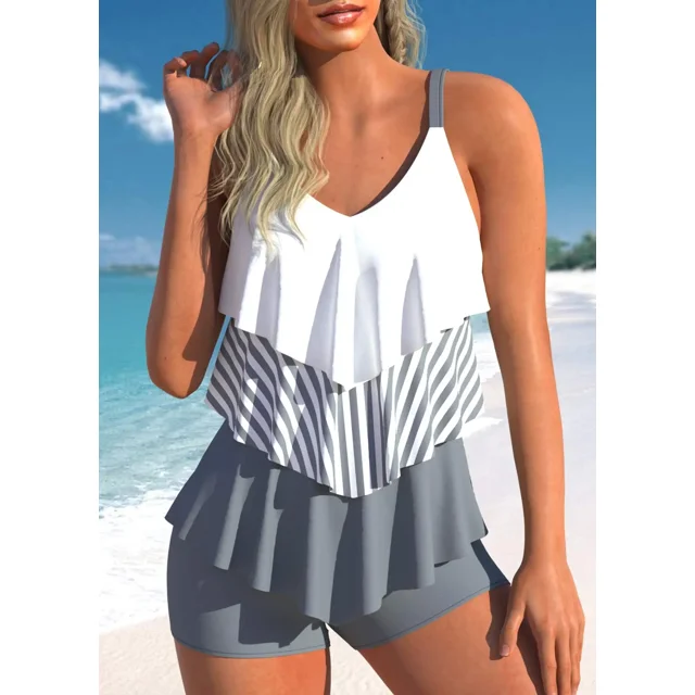 Women‘s New Summer Two-piece Set with Three-layer Ruffle Edge Printed Sexy Lace Up Casual Beach Swimsuit S-6XL