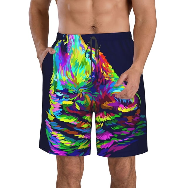 Balery Howling Wolf Traje de Baño Estilo Hawaiano para Hombre, Shorts de Secado Rápido con Bolsillos-Large