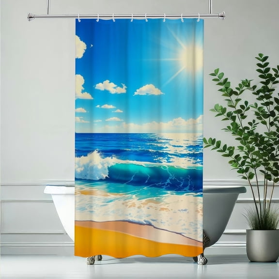 RKSupls Waterproof Shower Curtain, Sunny Ocean Beach Wave Polyester Shower Curtain with Hooks for Chic Elegant Home Bathtub Bathroom Decor Washable,90x180cm