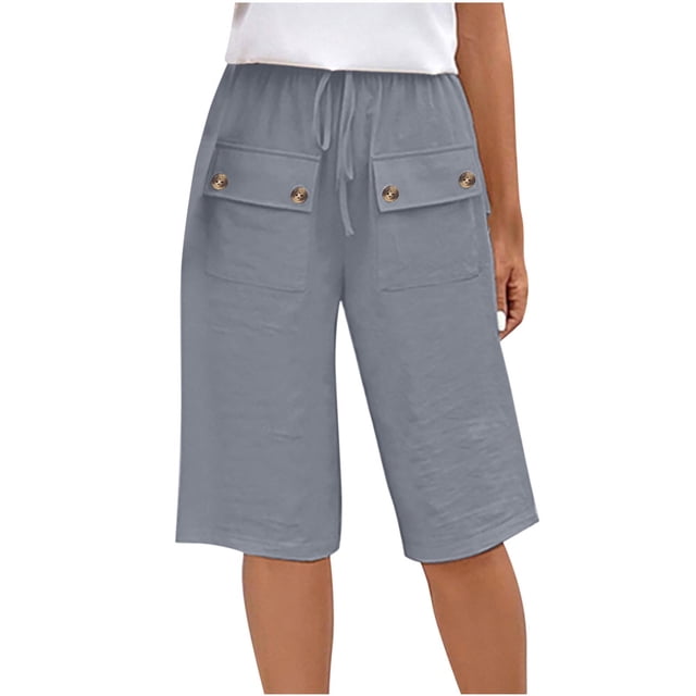 AherBiu Summer Shorts for Women Knee Length Cotton Linen Drawstring High Waisted Lounge Short with Pockets