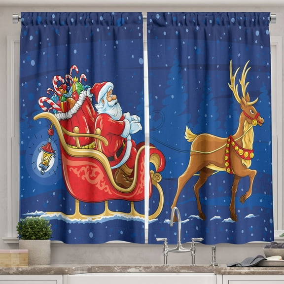 Ambesonne Santa Kitchen Curtains, Moving on Sledge at Night, 55"x39", Navy Blue Multicolor