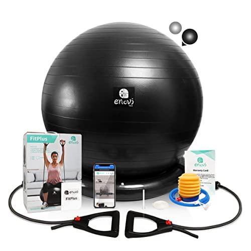 ENOVI Fit+ Ball Chair Yoga Ball Exercise Ball with Adjustable Resistance Bands and Stand Base Home Gym Workout Set Stability Ball & Balance Ball Seat to Relieve Back Pain 65cm BA