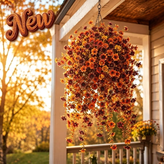 Qocolcyl Wine Artificial Fall Hanging Baskets,Faux Fake Orange Brown Silk Flowers & Purple Wisteria,Fade Resistant Porch Patio Wall Outdoor Decor, Front Door Thanksgiving Farmhouse Decorations Gift