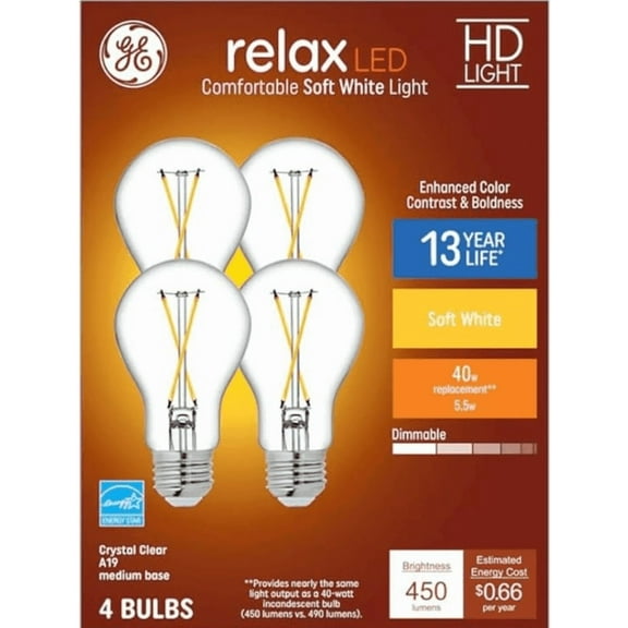 GE Relax Soft White A19 Crystal Clear Light Bulb 4 Pack