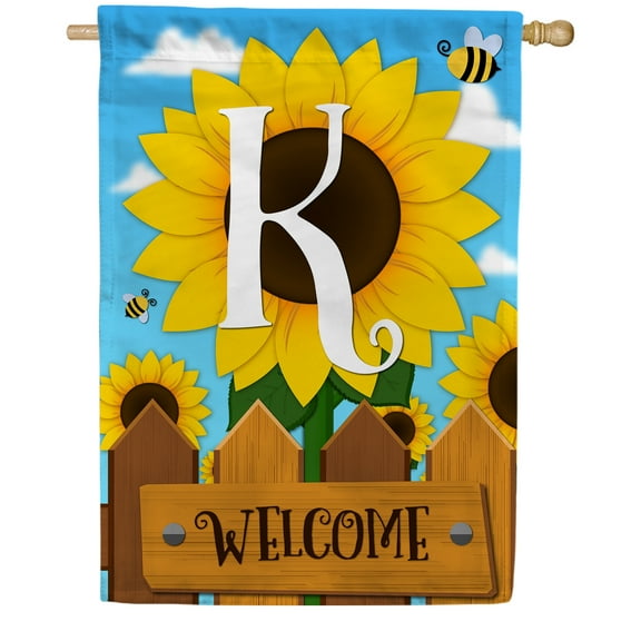 America Forever Spring Monogram House Flag Letter K 28 X 40 inches Double Sided Vertical Outdoor, Yard, Lawn, Beautiful Bright Sunlowers, Floral Design, Honeybee, Summer Welcome House Flag