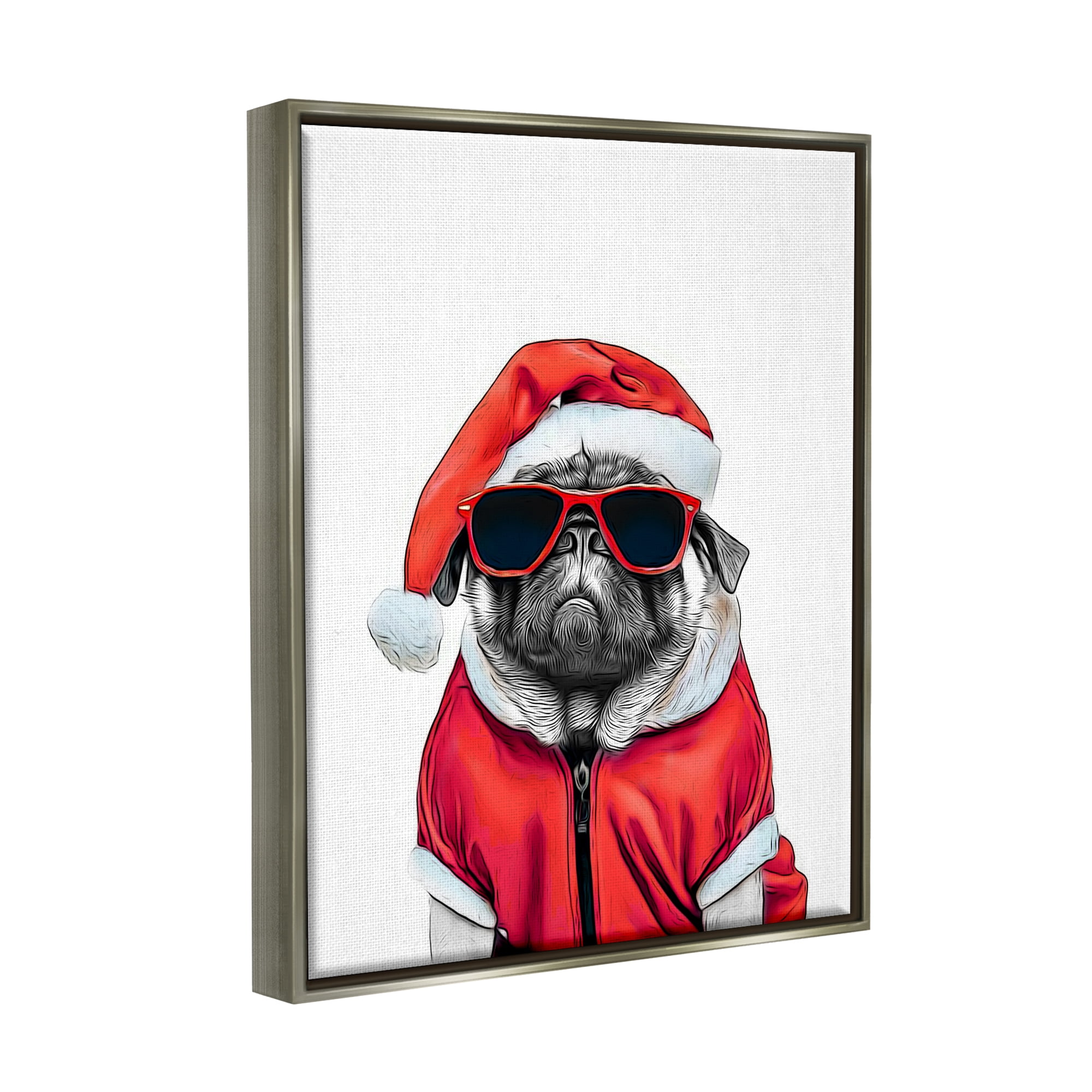Stupell Industries Funny Pug Santa Hat Holiday Painting Gray Floater Framed Canvas Art Print Wall Art, 17 x 21