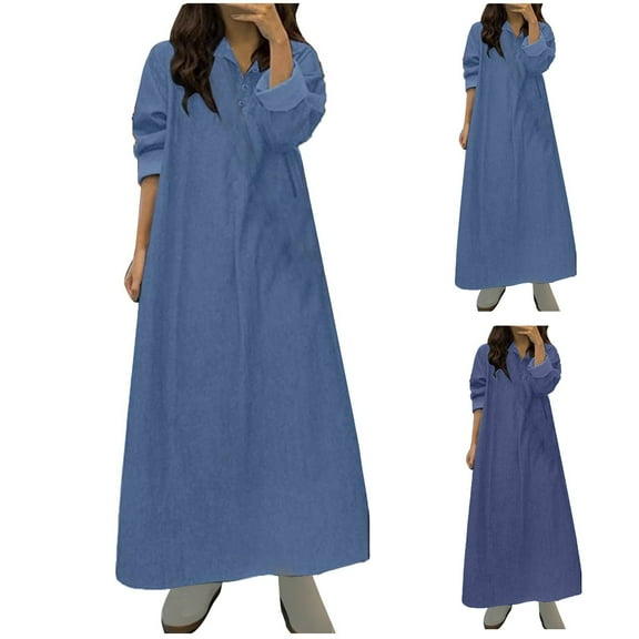 Ashirexll Long Sleeve Maxi Dress, Winter Dress for Women, Womens Long Sleeve Turndown Collar Button Solid Color Denim Dress for Fall Winter Casual Fashion Daily Wear