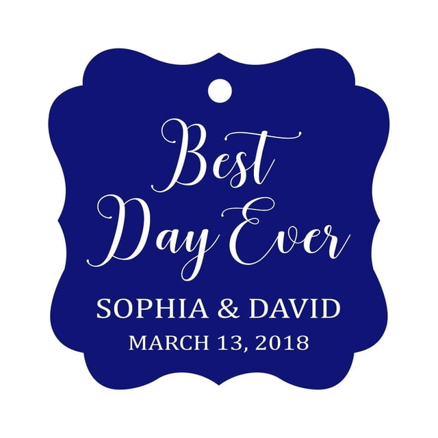 Darling Souvenir Personalized Fancy Frame Wedding Gift Tags 'Best Day Ever' Custom Name & Date Favor Hang Tags-Blue-50 Tags