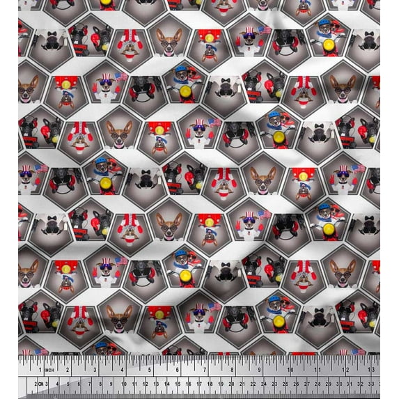 Soimoi Japan Crepe Satin Fabric Geometric & Dogs Patchwork Printed Fabric 1 Yard 42 Inch Wide