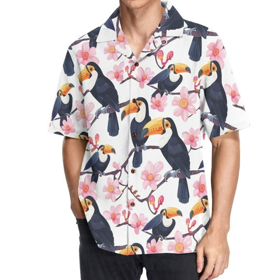 joogoo Men's Hawaiian Shirt Toucan Bird Cherry Flower Short Sleeve Casual Button Down Shirts M